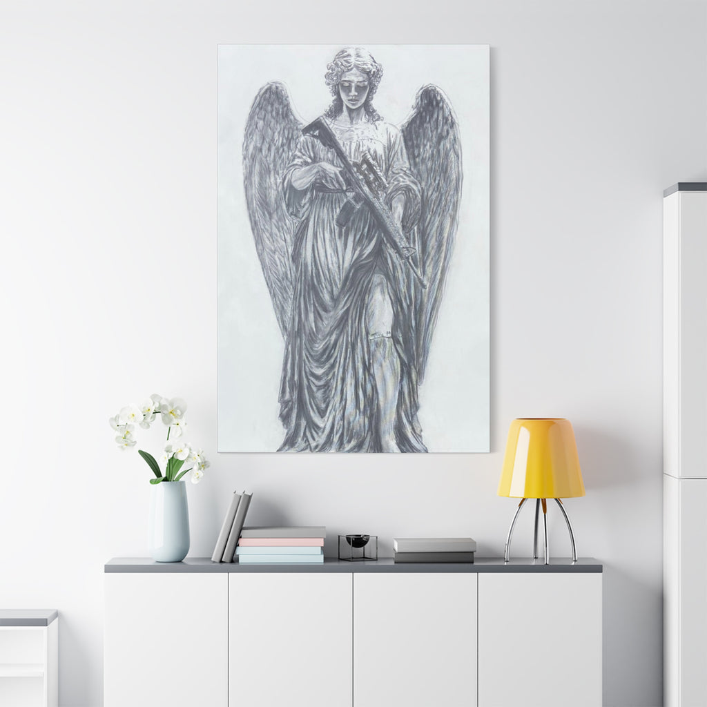 Angel Statue Matte Canvas Print — Guardian Winged Sculpture Wall Art
