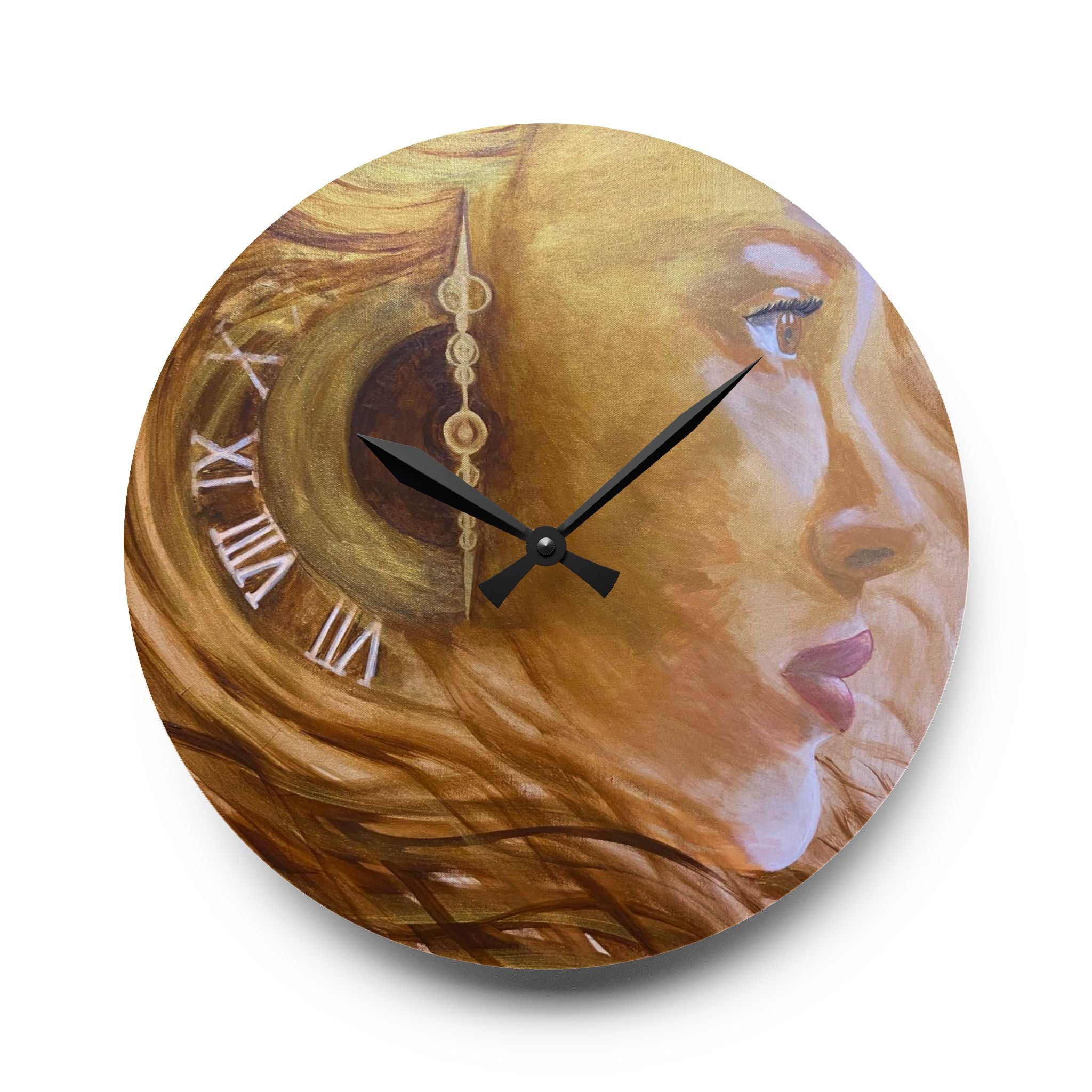 Acrylic Wall Clock — Golden Muse Portrait with Roman Numeral Clockwork
