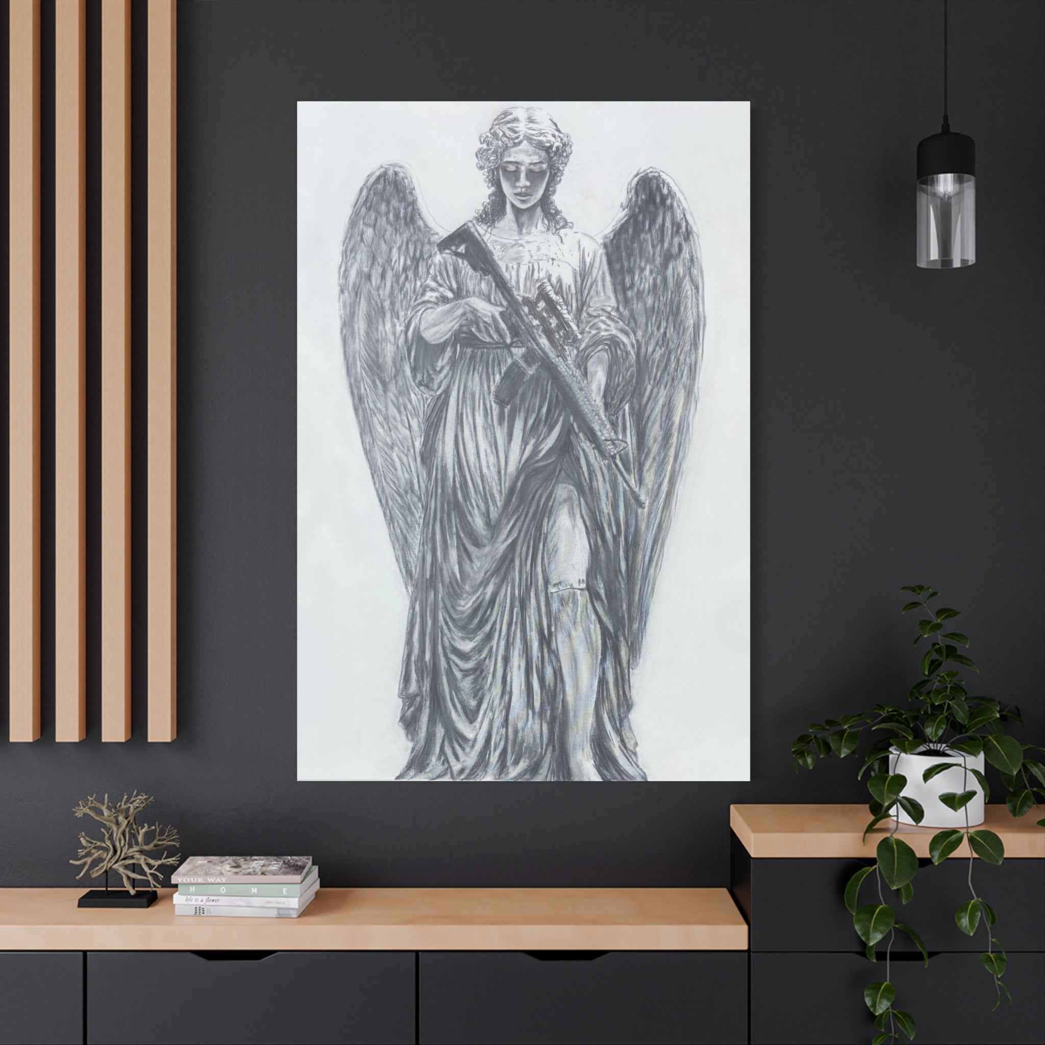 Angel Statue Matte Canvas Print — Guardian Winged Sculpture Wall Art