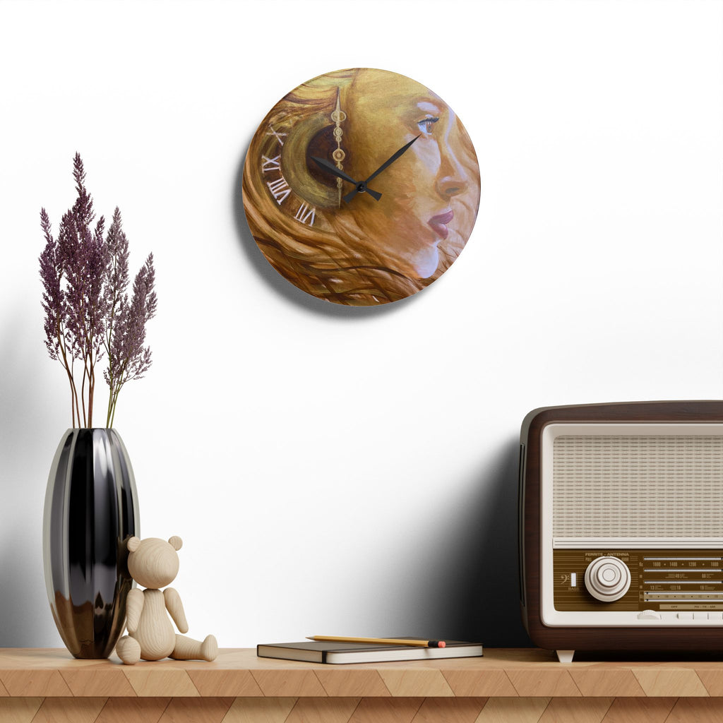 Acrylic Wall Clock — Golden Muse Portrait with Roman Numeral Clockwork