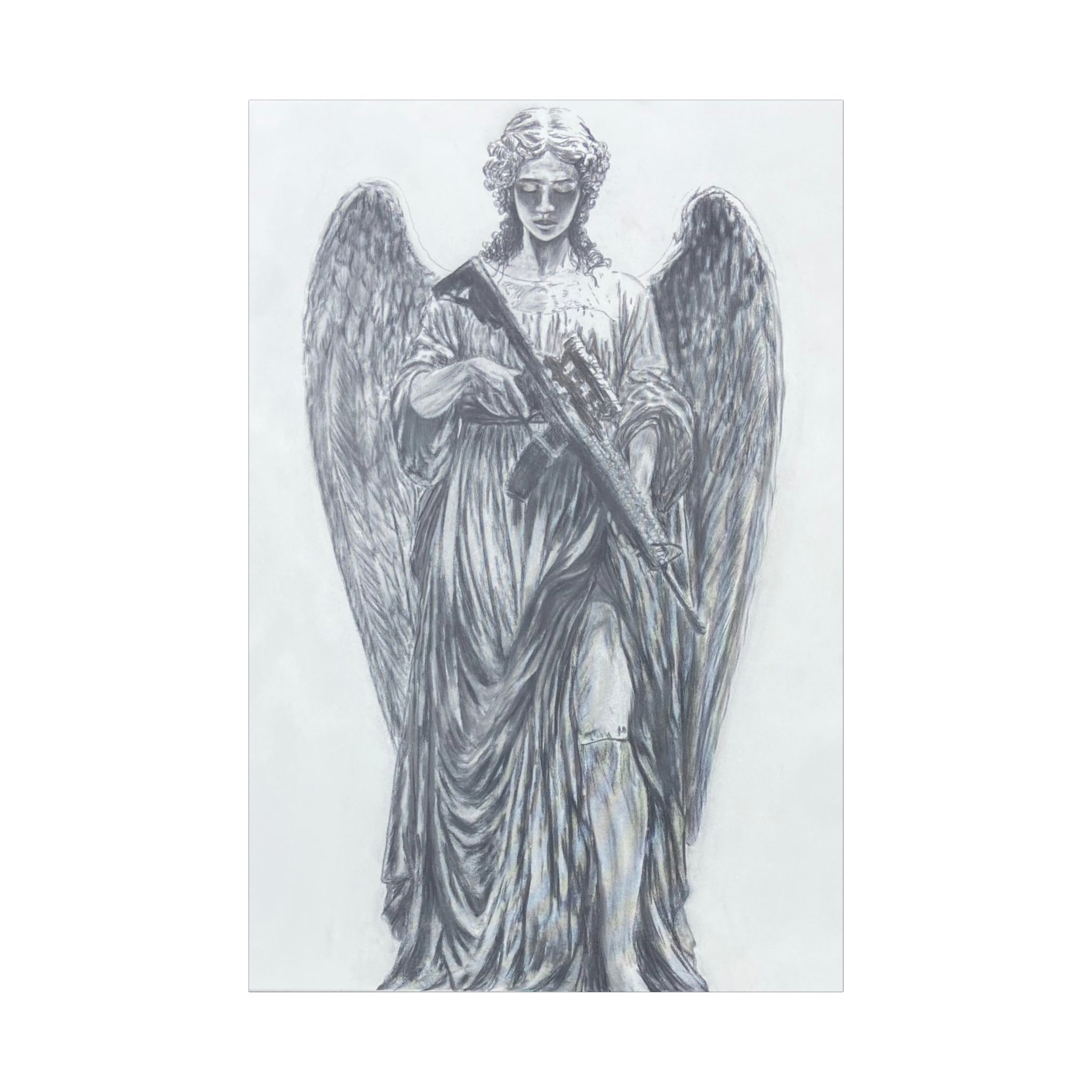Angel Statue Matte Canvas Print — Guardian Winged Sculpture Wall Art