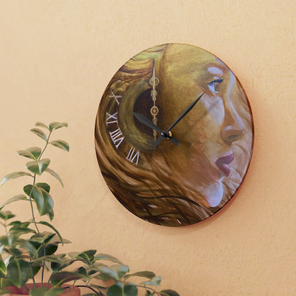 Acrylic Wall Clock — Golden Muse Portrait with Roman Numeral Clockwork
